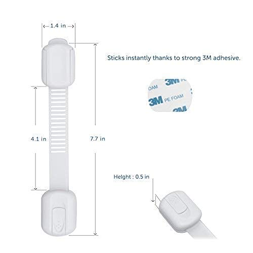Child Safety Cabinet Locks (6 Pack) – Adjustable Baby Proofing Strap Latches with Strong 3M Adhesive – No Drill Childproof Locks for Drawers, Cabinets, Fridge, Door, Closet, White