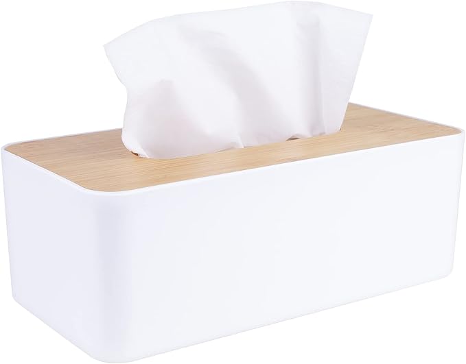 MOCHTERO Tissue Box Cover,Tissue Holders,Tissue Box Holder for Bathrooms,Bamboo Cover Plate,Home and Office,9.7 * 5 * 3.6in (White)