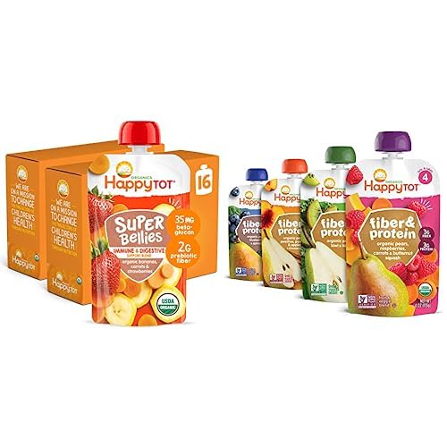 Happy Tot Organics Super Bellies Stage 4, Organics Banana, Carrot and Strawberry (Pack of 16) & Stage 4 Fiber & Protein 4 Flavor Variety Pack (Pack of 16)
