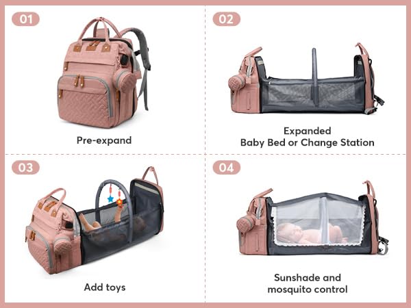 Diaper Bag Backpack with Changing Station, Large Diaper Bag For Boys And Girls, Multifunctional Waterproof Travel Diaper Backpack, Baby Bag with USB Charging Port for Moms Dads,pink