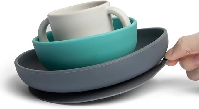 EKOBO Silicone Baby Meal Set – Lagoon, 4‑Piece Baby Feeding Essentials, Suction Toddler Plates and Bowls Set, Two‑Handle Cup, Soft‑Tip Spoon, Microwave, Oven & Freezer Safe, BPA‑Free