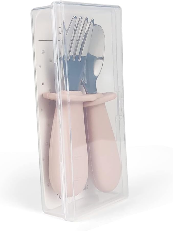 Ali+Oli Spoon & Fork Learning Set for Toddlers (Powder Pink) 6m+ Grab Easy BPA Free Food-Grade Silicone Handle, Kids Silverware Self Feeding Baby Utensil, Multi-stage Baby Feeding Set Ergonomic Design