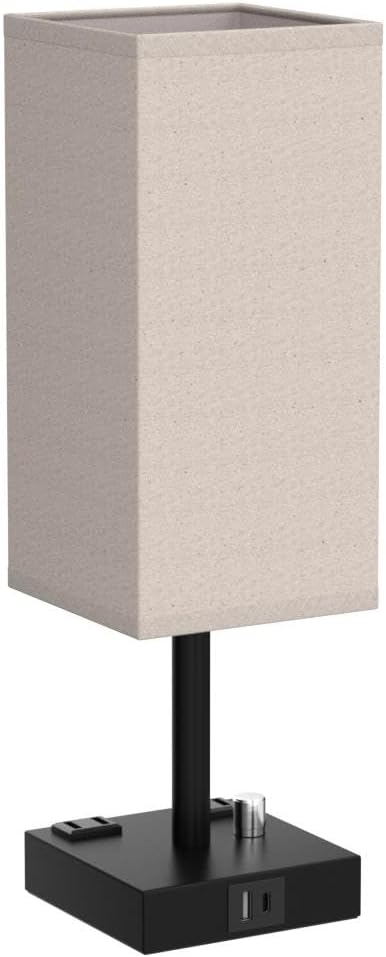 Fully Dimmable Nightstand Lamps Set of 2 - Table Bedside Lamp with USB C+A Charging Ports & 2 AC Outlets, Square Lamp Sets Linen Fabric Shade for Bedroom Living Room(Bulb Included)