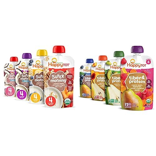 Happy Tot Organics Super Morning Variety Pack, 4 Ounce Pouch (Pack of 16) & Stage 4 Fiber & Protein 4 Flavor Variety Pack (Pack of 16)