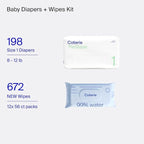 Coterie Baby Wipes + Diapers Kit, Size 1 Diapers (198 Count) & 12 Pack (672 Count) Baby Wipes with 99% Water, Plant Based Materials, Hypoallergenic for Sensitive Skin