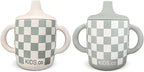 Silicone Sippy Cups with Easy Grip Transition Handles and a Soft Spout. A Non Txoic No Spill Unbreakable Training Cup. 150ml/5oz |2-PACK Sandy Shore & Green Checkers|