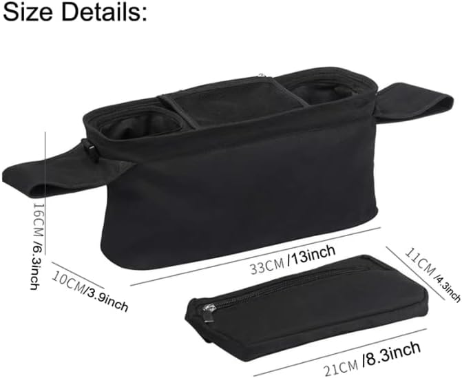 Universal Stroller Organizer with Insulated Cup Holder, Detachable Phone Bag, Shoulder Strap – Fits All Stroller Types, Keeps Drinks Hot/Cold (Black)