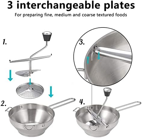 Manual Food Mill, Ergonomic Food Mill Stainless Steel Milling Handle Stainless Steel Bowl Rotary Food Mill for Tomato Sauce Applesauce Mashed Potatoes Baby Food