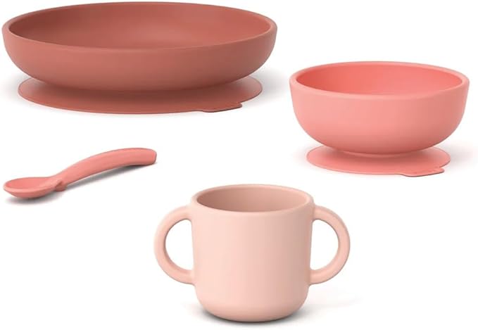 EKOBO Silicone Baby Meal Set – Coral, 4‑Piece Baby Feeding Essentials, Suction Toddler Plates and Bowls Set, Two‑Handle Cup, Soft‑Tip Spoon, Microwave, Oven & Freezer Safe, BPA‑Free
