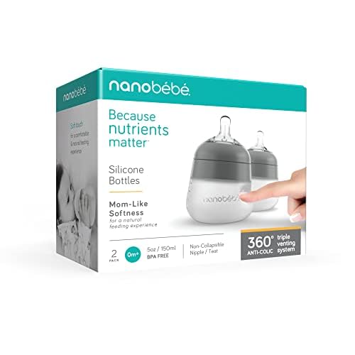 Nanobebe Flexy Silicone Baby Bottle, Anti-Colic, Natural Feel, Non-Collapsing Nipple, Non-Tip Stable Base, Easy to Clean 2-Pack, Gray, 5 oz