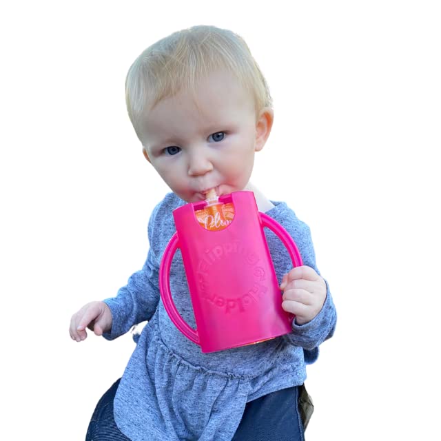Flipping Holder Squeeze Proof Pouch Holder (2-pack with lids) for Food Pouches & Juice Boxes - Multipurpose - Prevent Messes & Support Self-Feeding - Easy Grasping Handles - Made in USA
