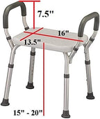 HEALTHLINE Adjustable Shower Bench with Arms – Lightweight Bath Seat with Padded Handles, Height 15"–20", White Plastic Seat with Drainage Holes, for Balance Assistance in Shower/Tub, 300 lb Capacity