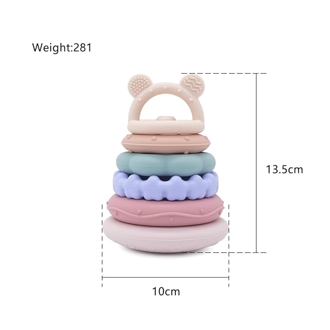 Baby Bear Teething & Stacking Toy Set - Teething Toys Silicone Teethers, Soft Baby Stacker Rings Teether, Learning Toy Gift for Boys and Girls 6+ Months (Beige)