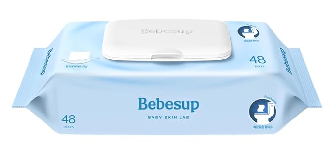 BEBESUP- Korea’s #1 Flushable Wipes- 100% Plant-Based Hypoallergenic Biodegradable 99% Water-Based Extra-Thick Organic Wipes Unscented for sensitive skin Flip-Top (48 Count 1 Pack)