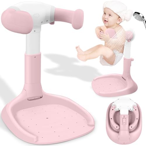 Baby Shower Stand, No-Assembly Baby Bath Stand with Enlarged Anti-Slip Base, Foldable Adjustable Toddler Shower Standing Support, Soporte para Bañera de Bebe, Ideal Gift for Infant 6–36 Months (Pink)