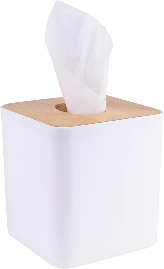 MOCHTERO Tissue Box Cover,Tissue Holders,Tissue Box Holder for Bathrooms,Bamboo Cover Plate,Home and Office,5 * 5 * 5.4in (White)