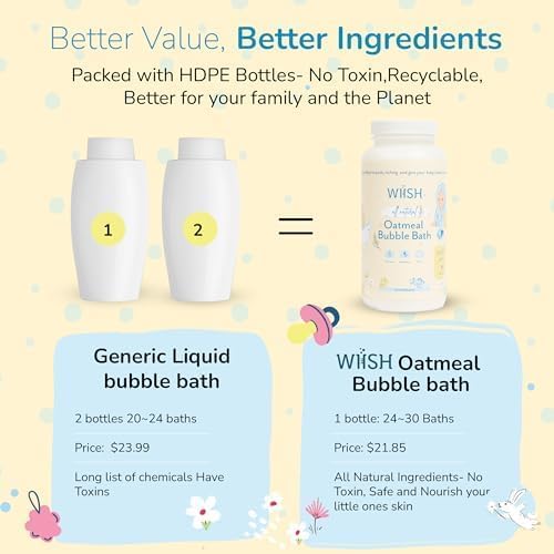 WIISH Baby Oatmeal Bubble Bath - Baby Bubble Bath for Sensitive Skin with 30% Colloidal Oatmeal | Aloe vera powder + Lavender powder Healing Ingredient, soothing Itchiness, Rashes, Dryness 32oz (520g)
