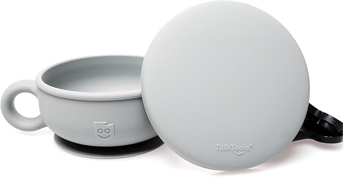 TalkTools Itsy Bowl with Locking Lid - Platinum grade silicone with Volume Lines, Curved Walls for Easy Scooping - for Babies, Toddlers, Children, and Elderly - Snack Cup Lid Accessory (Cloud)