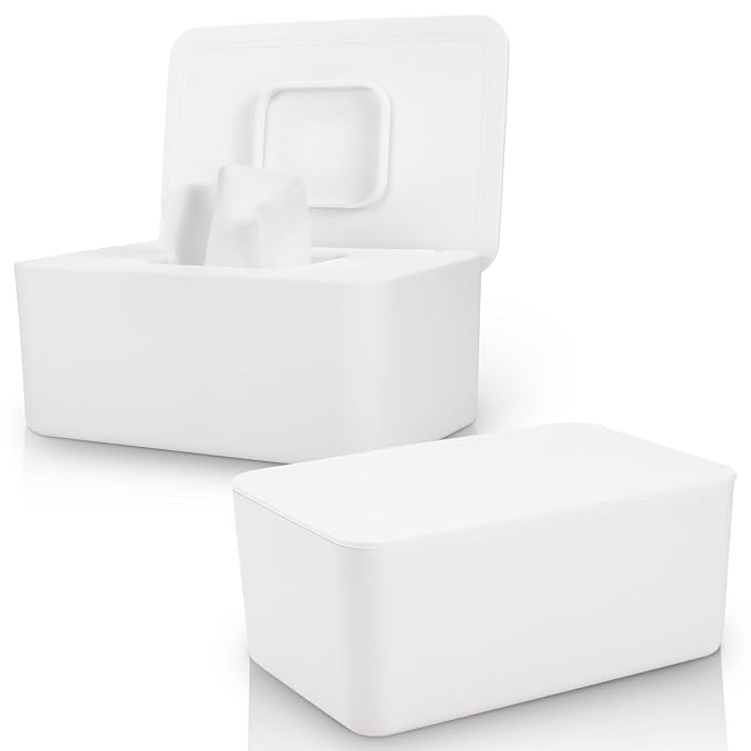 2 Pack LEQXGO Baby Wipes Dispenser, Wipes Dispenser Baby Wipes Case, Baby Wipe Holder for Fresh Wipes, Non-Slip Wipes Case, Wipe Container with Sealing Design Lid (White and White)