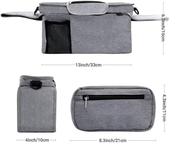 Universal Stroller Organizer with Insulated Cup Holder, Detachable Phone Bag, Shoulder Strap – Fits All Stroller Types, Keeps Drinks Hot/Cold (Grey)