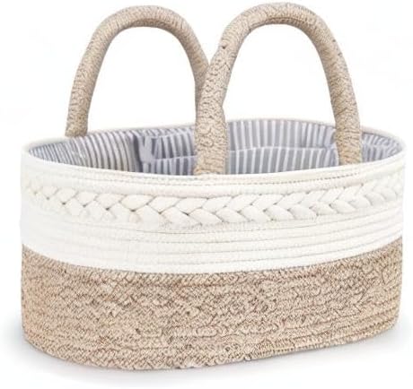 Maliton Baby Diaper Caddy Organizer, X-Large Cotton Rope, Rustic Style, Portable, 3 Compartments, A-Brown