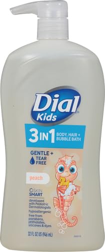 Dial Kids All-in-1 Body + Hair + Bubble Bath, Peach Scent, 32 Fl Oz, Hypoallergenic Body Wash & Shampoo, No Tears Formula for Kids 2+ Years, No Parabens & Silicones