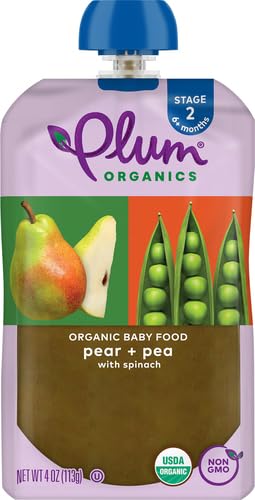 Plum Organics Stage 2 Organic Baby Food - Pear + Pea with Spinach - 4 oz Pouch - Organic Fruit and Vegetable Baby Food Pouch (Pack of 3)