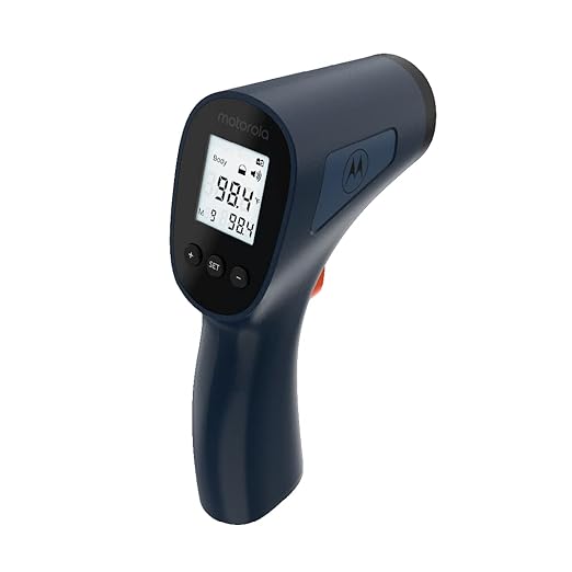 Motorola Nursery Touchless Infrared Thermometer with Backlit Display, TE-94 with Memory Function, High Temperature Alert, Dark Blue