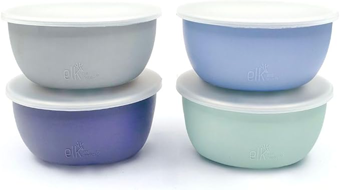 Elk and Friends Stainless Steel Bowls + Silicone Sleeve and Storage Lid | Baby, Toddler, Kids | Cereal & Snack Bowls | Storage Containers | Dishwasher Safe | 4 Pack