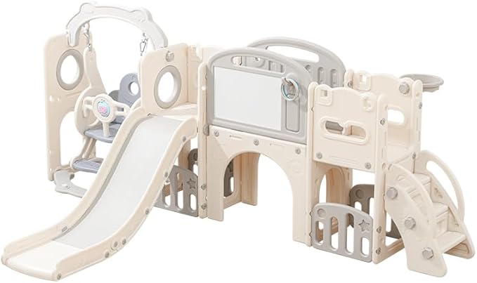 12 in 1 Toddler Outdoor Playset with Swing, Indoor Swing and Slide Set Playground for Toddlers 1-3, Durable Climber Basketball Hoop Ball Toddler Indoor Playset for Home Playground-White Grey