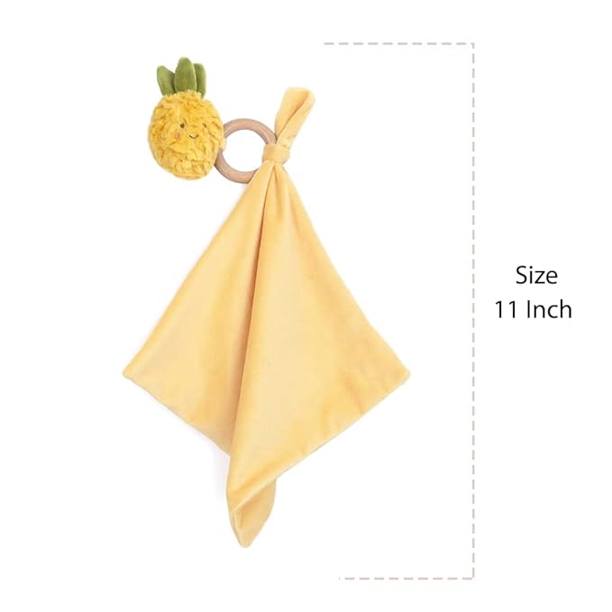MON AMI Pina Pineapple Wood Teether Security Blanket | 11-Inch Soft Velour Baby Blanket with Wooden Teething Ring | Perfect Newborn Essential for Birthdays & Baby Showers