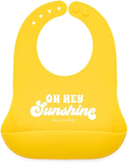 Baby Bib for Eating by Bella Tunno, Waterproof Silicone Bib with Large Food Catcher, Adjustable Fit for Babies 4-12 months & Toddlers 1-3 Years, Boys & Girls, Oh Hey Sunshine