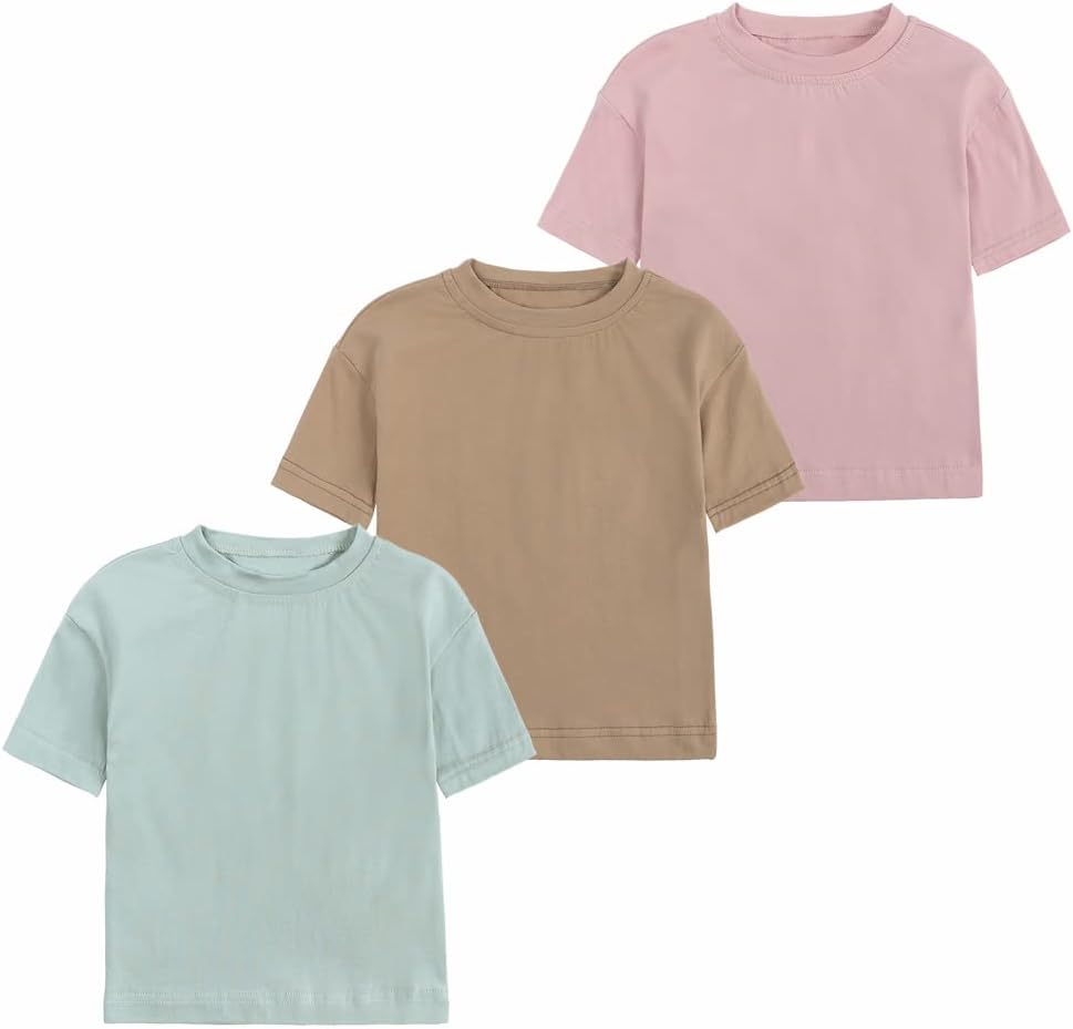 Baby Boys Girls Cotton T-Shirts 3Pack Solid Color Short Sleeve Tee Summer Crewneck Tops for Toddler Kids