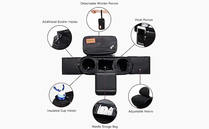 Universal Stroller Organizer with Insulated Cup Holder, Detachable Phone Bag, Shoulder Strap – Fits All Stroller Types, Keeps Drinks Hot/Cold (Black)