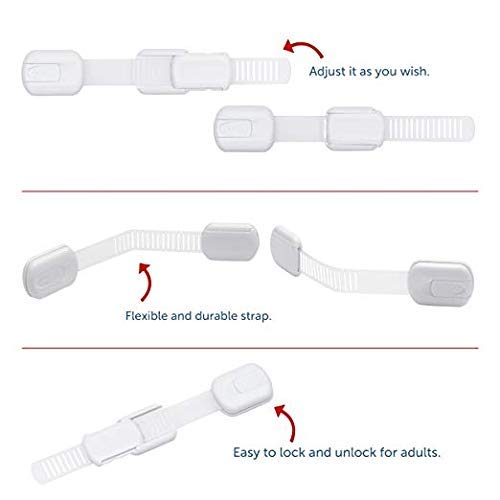 Child Safety Cabinet Locks (6 Pack) – Adjustable Baby Proofing Strap Latches with Strong 3M Adhesive – No Drill Childproof Locks for Drawers, Cabinets, Fridge, Door, Closet, White