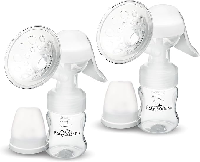 BabyBuddha Manual Breast Pump, Single Hand Expression Breastmilk Pump, Cordless and Portable, No Batteries or Power Needed, Soft Silicone Massage Cushion, BPA Free, Quiet, Dishwasher Safe, 2 Pack