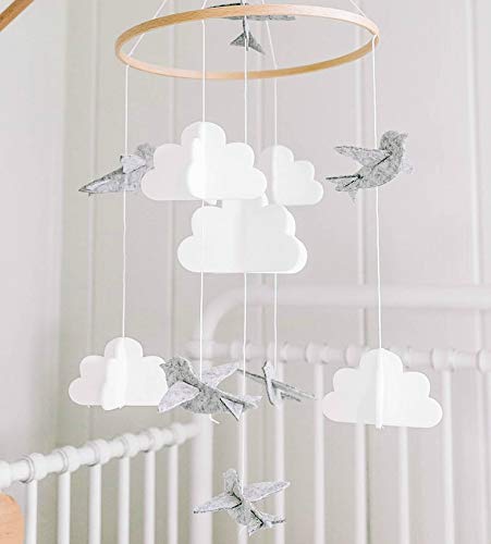 Baby Crib Mobile (Birds and Clouds) - Nursery Decor Ceiling Mobile for Boys & Girls - Crib Accessories - Grey & White