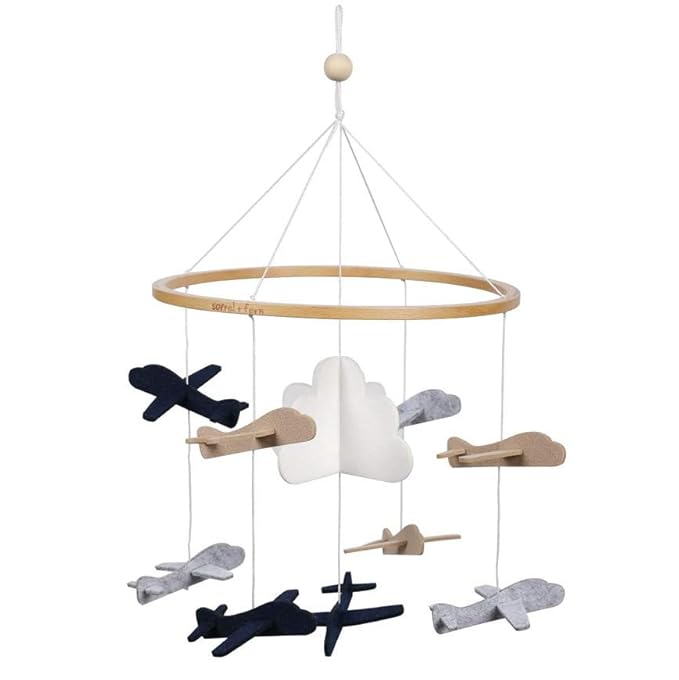 Baby Crib Mobile – Wooden Hanging Nursery Mobile for Bassinet, Baby Nursery Decor for Boys & Girls, Perfect for Shower Gift (Airplanes in The Clouds, Short Version) Sorrel + Fern