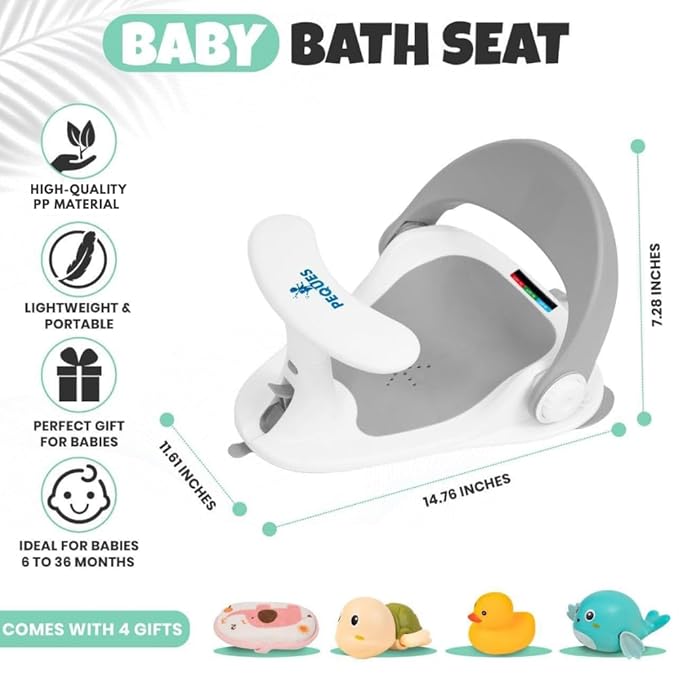 Baby Bath Seat for Babies 6 Months & Up Sitting Up | Non-Slip Bath Seat with Safety Suction Cups & Temperature Alert, Baby Bath Seat for Tub, Shower & Bathtub (Grey)