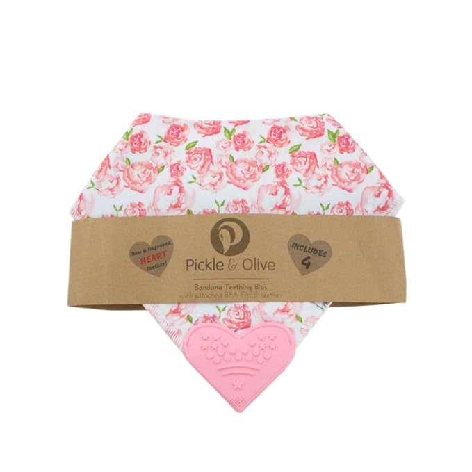 Pickle & Olive Baby Bandana Teething Bibs with Attached Teether- Set of 4 - Floral