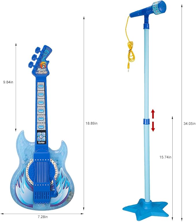 TAKIHON Guitar and Microphone Set for Kids,Guitar Toys with Music&Colorful Light,Adjustable Height Microphone with Stand,Karaoke Toys Gift for Boy,Girls,Toddlers(Blue)-Upgraded