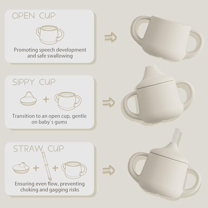 Moonkie Silicone Baby Sippy Cups | 3 Stages Training Cup Straw Cup for Infants Toddlers and Kid | 4 oz 2Pack