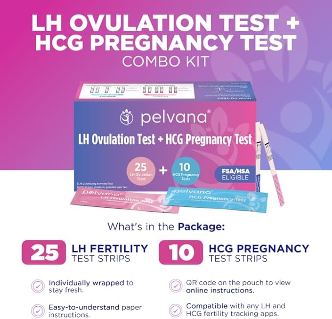 Pelvana Pregnancy and Ovulation Test Strips Combo Kit - 25 LH Fertility Test Strips + 10 Pregnancy HCG Checker Kits - Identify Your Peak Fertility Days - Easy at Home Ovulation Tests (35 Piece Kit)