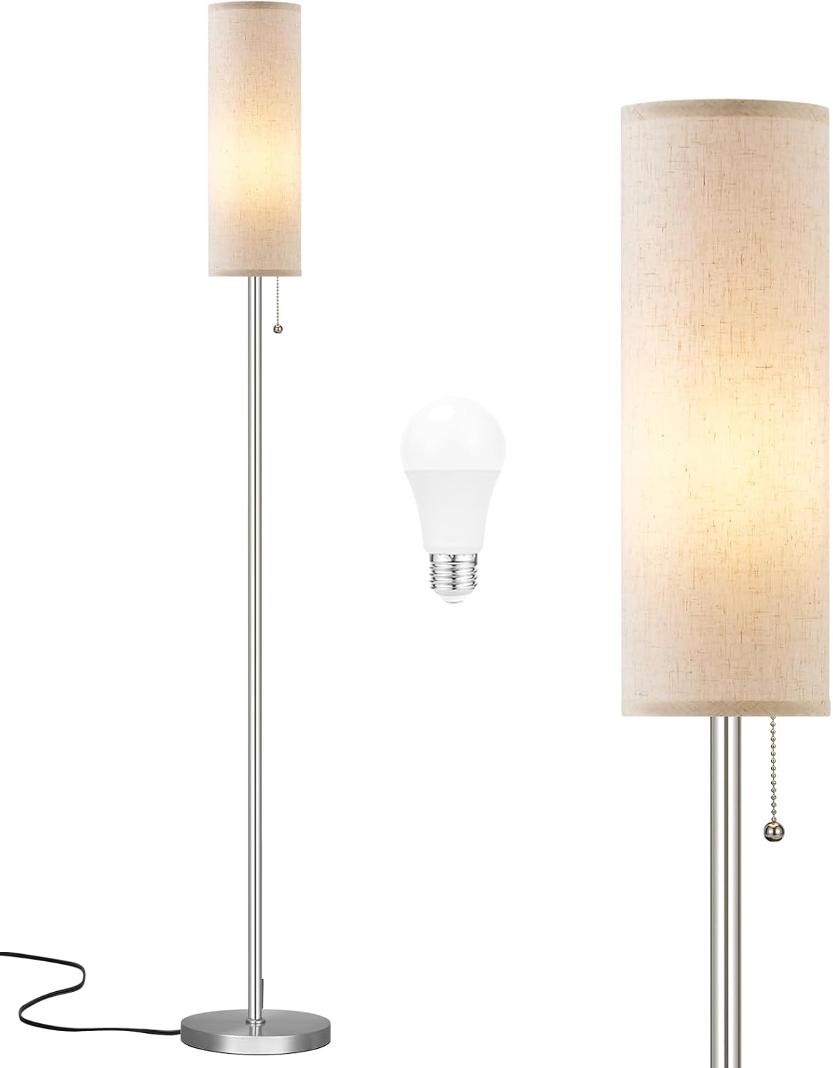 Ambimall Floor Lamp for Living Room with 3 Color Temperatures Bulb, 64" Standing lamp with Linen lampshade for Bedroom, Minimalist Pole Lamp, Beige Shade & Silver Pole