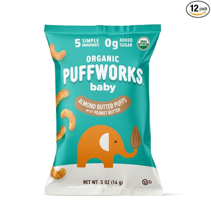 Puffworks Baby Organic Almond Butter Puffs, with Peanut Butter, Plant-Based Protein, USDA Organic, Gluten-Free, Vegan, Non-GMO, Kosher, 0.5 Ounce (Pack of 12)