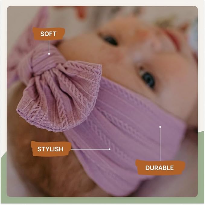 Parker Baby Cable Knit Nylon Headbands 5 Pack | Soft, Stretchy & Comfortable Bows for Girls | Adjustable, Soft to Touch & Knotted Headbands for Baby Girls | Baby Headwraps for Girls | Multiple Colors