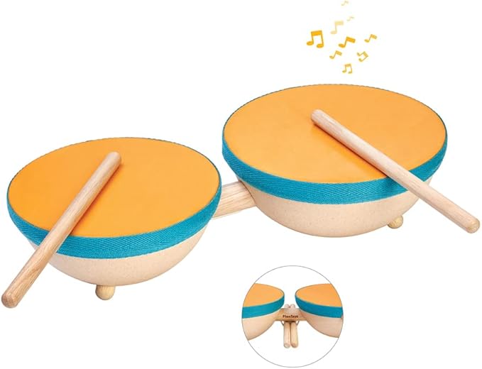 PlanToys Toddler Musical Instruments - Double Drum Set with Drumsticks, Made with Natural Rubber-Coated Fabric and Rubberwood for Motor Skills Development (Orange)