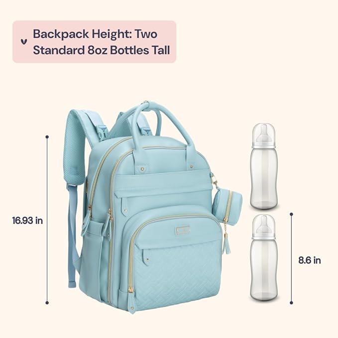 BabbleRoo Leather Diaper Bag Backpack - Baby Essentials Travel Baby Bag, Multi function, Waterproof, with Changing Pad, Stroller Straps & Pacifier Case – Unisex, Powder Blue