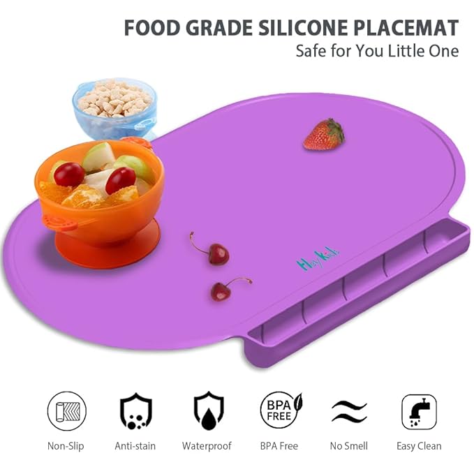 Silicone Placemat for Baby, Silicone Baby Toddlers Non-Slip Tablemats Stain Resistant Anti-Skid Reusable Dishwasher Safe Table Mats, Portable Food Mat Travel (Purple)