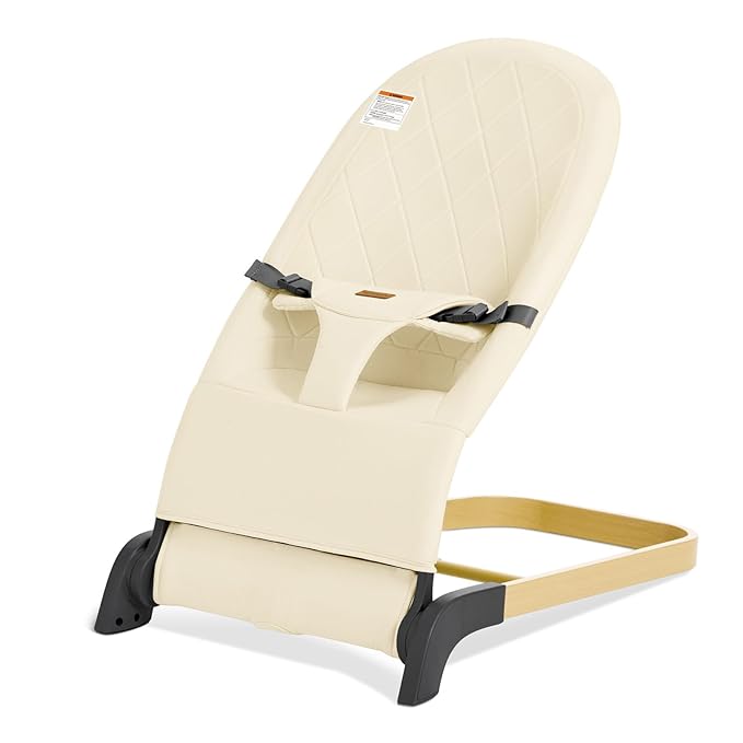 Foldable Baby Bouncer, Baby Seat with 3 Adjustable Heights, Portable Newborn Rocker, Ergonomic Bouncy Seat for Natural Bounce, Bouncer for Babies 0-6 Months, Soft Cotton (Beige)